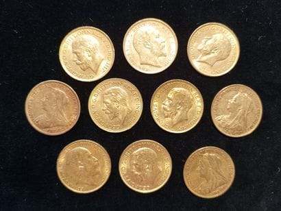 10 gold sovereign coins, United Kingdom
(worn,...