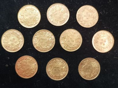 10 Coins 20 Swiss Francs Gold 
(worn, rubbed)

Sales...