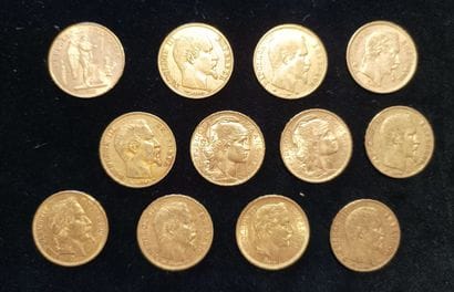 12 pieces 20 Franc gold, France 
(worn, rubbed)

Selling...