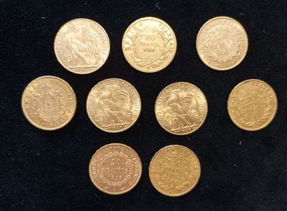 9 pieces 20 Franc gold, France 
(worn, rubbed)

Selling...
