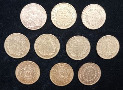 10 pieces 20 Francs gold 
(worn, rubbed)

Selling...