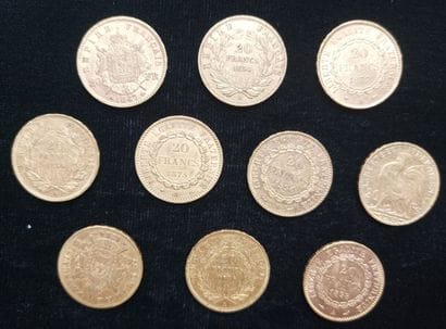 10 pieces 20 Francs gold 
(worn, rubbed)

Selling...