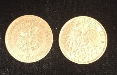 2 gold coins 10 Mark 1881 and 1905
(worn,...