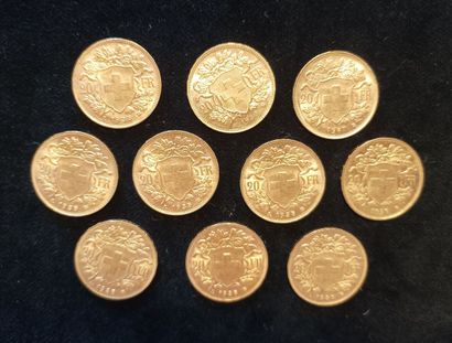 10 Coins 20 Swiss Francs Gold 
(worn, rubbed)

Sales...