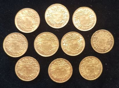 10 Coins 20 Swiss Francs Gold 
(worn, rubbed)

Sales...