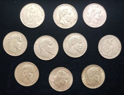 10 pieces 20 Francs gold 
(worn, rubbed)

Selling...