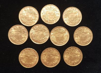 10 Coins 20 Swiss Francs Gold 
(worn, rubbed)

Sales...