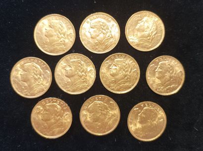 10 Coins 20 Swiss Francs Gold 
(worn, rubbed)

Sales...