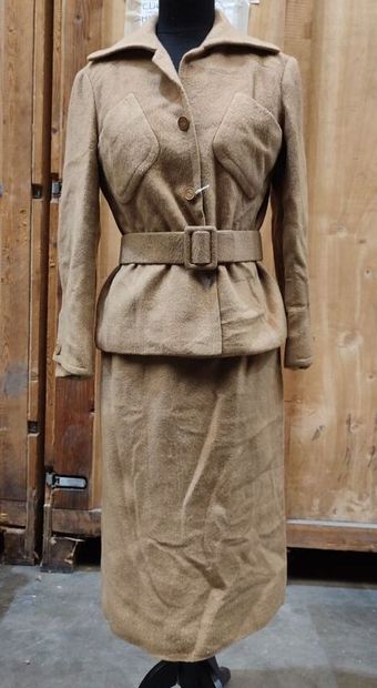 CARVEN
Beige ensemble with belted jacket,...
