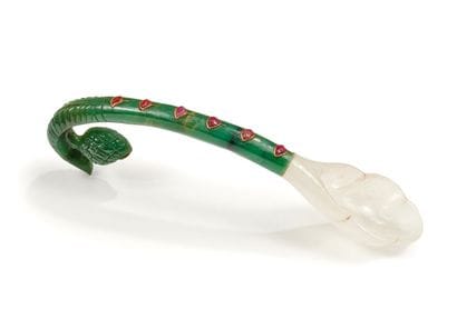 Spoon in white and spinach-green jade, the...