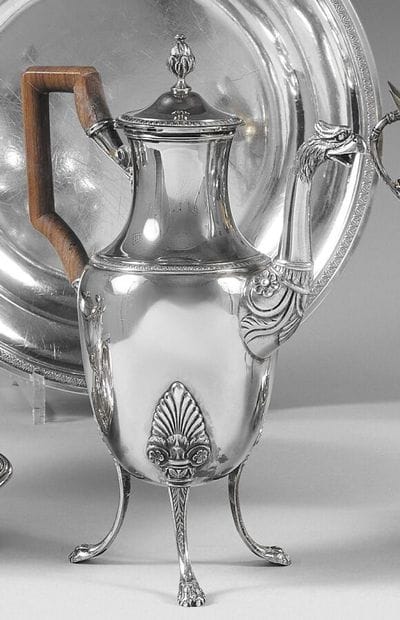 Tripod baluster-shaped silver coffee pot...