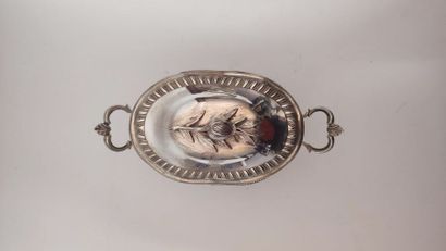 A quadripod sugar bowl with handles in silver...