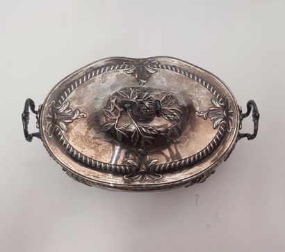 A silver oval soup tureen, the handles and...