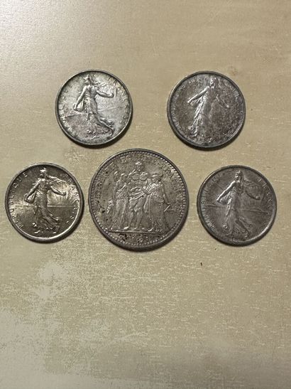 Set of silver coins including 4 5-franc coins...