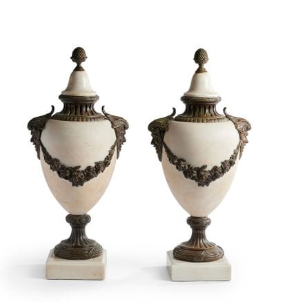 Pair of white marble vases with patinated...