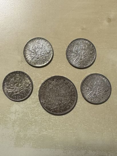 Set of silver coins including 4 5-franc coins...