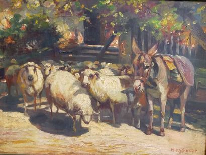 SCHNELLE M. O. 
Herd of sheep and donkey
Oil...