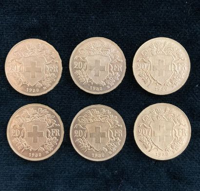 Set of 6 Swiss 20 F gold coins, worn and...