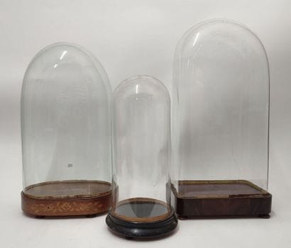 Set of three glass globes, wooden base 
one...