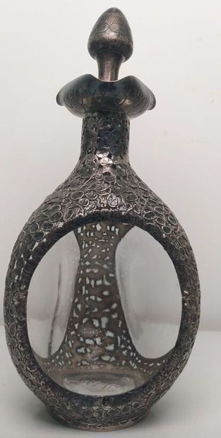 Glass and silver bottle with openwork lotus...