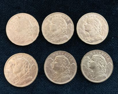 Set of 6 Swiss 20 F gold coins, worn and...