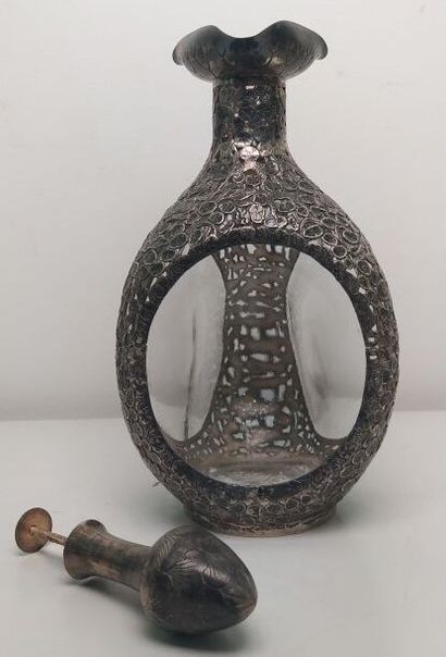 Glass and silver bottle with openwork lotus...