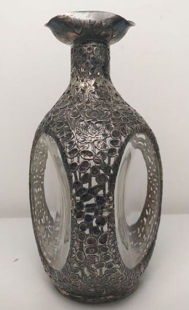 Glass and silver bottle with openwork lotus...