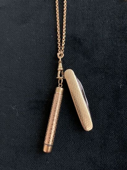 Sautoir in yellow gold, with mechanical pencil...