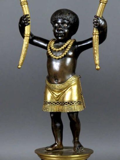 Paire de candélabres en bronze doré et patiné,...