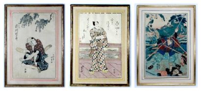 KUNIYOSHI et KUNISADA. Trois oban tate-e,...