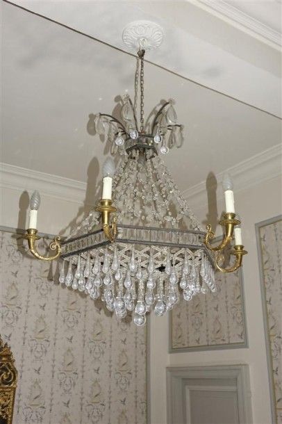 Lustre cage en bronze argenté de forme hexagonale...