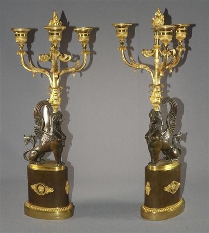 Paire de candélabres en bronze doré et bronze...