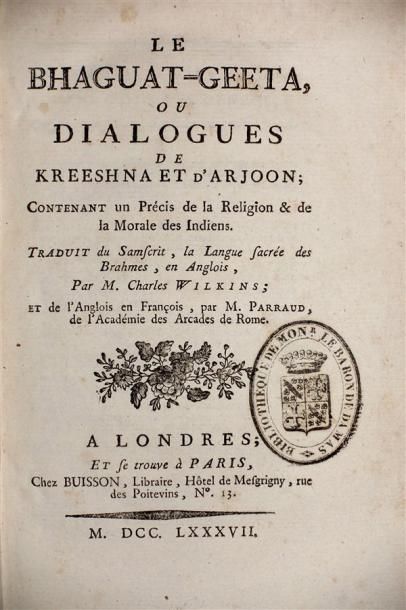WILKINS (Charles) : Le Bhaguat-Geeta ou dialogues...