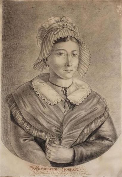 Madeleine Moreau. Estampe, 565 x 400. Encadrée,...