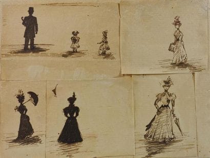 Petit cadre doré avec cinq dessins à l'encre,...