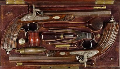Coffret de pistolets de duel par Jean LECLERC,...