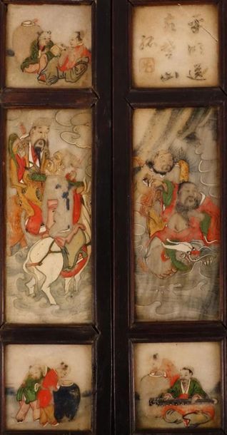 CHINE. Trois panneaux en bois avec trois...