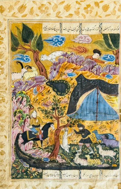 Bahrâm Goûr meets a shepherd
Miniature, gouache...