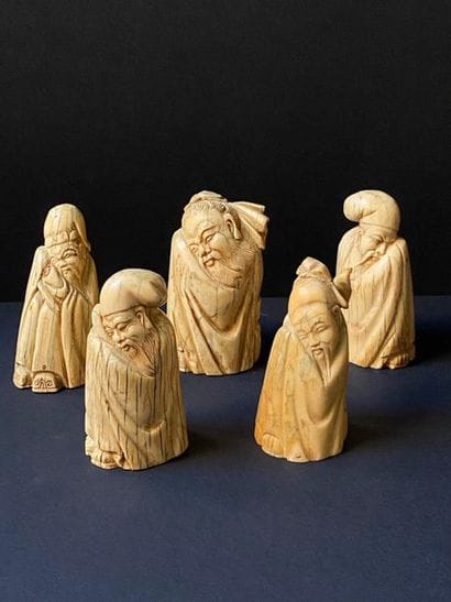 Set of five ivory subjects representing sages

China,...