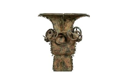 Large quadrangular bronze vase with an antique...