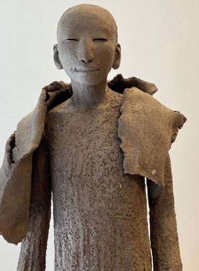 Large contemporary sculpture in black raku...