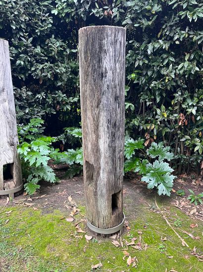 Deux poteaux en bois sculpté 
H : 165 et...