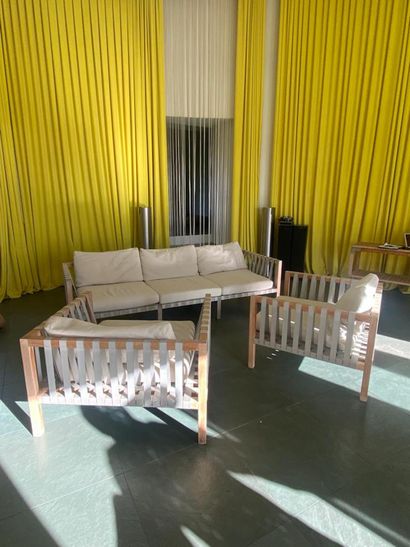 Living room in teak and fabric strips including...