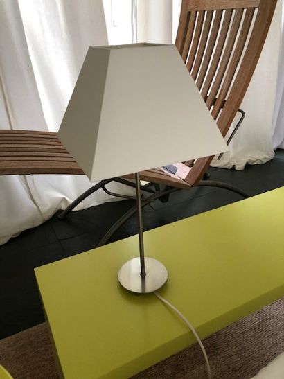 Pair of metal lamps with cream fabric shades...