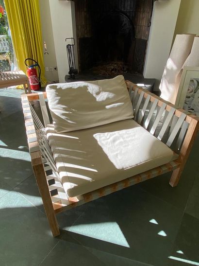 Living room in teak and fabric strips including...