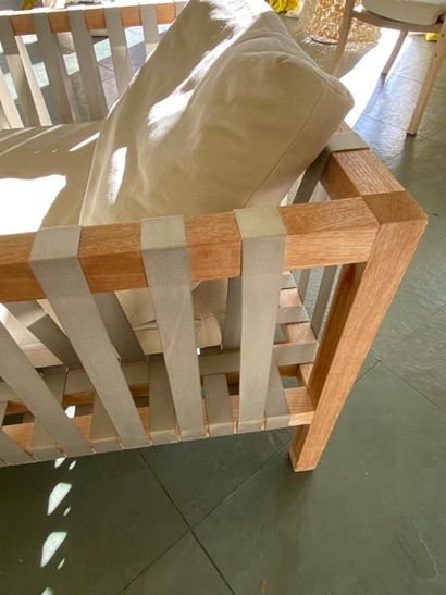 Living room in teak and fabric strips including...