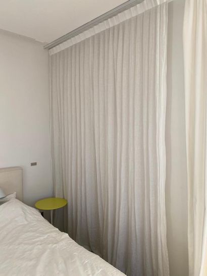 Set of five large curtains in white linen...