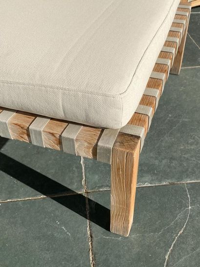 Pair of large teak poufs with their cushions...