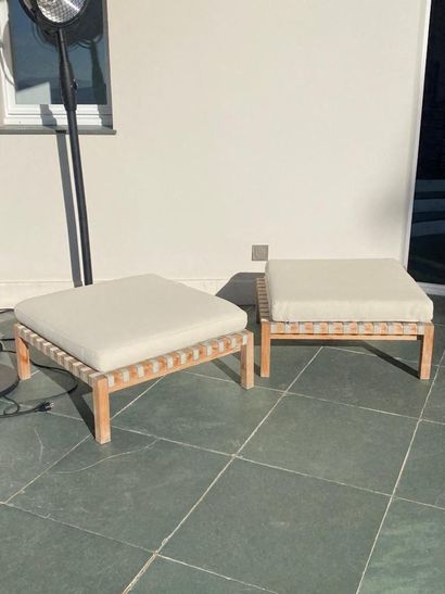 Pair of large teak poufs with their cushions...