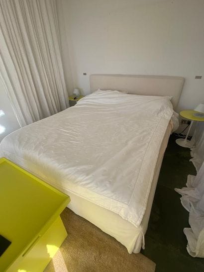 Double bed and its bedding, slatted base....